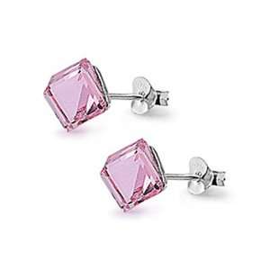 Nickel Free Sterling Silver Earrings Pink Color Cube Swarovski Crystal 