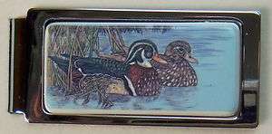 Money Clip Barlow Scrimshaw Carved Painted Art Wood Ducks Hinged 