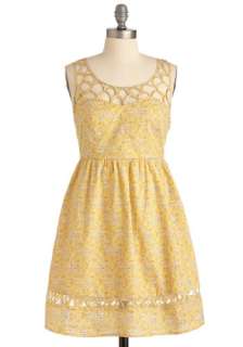 Lemon Lattice Dress   Yellow, White, Floral, Cutout, A line 