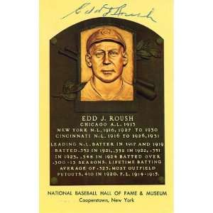 Edd Roush Autographed / Signed Baseball Hall of Fame Plaque Postcard