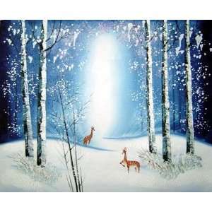  Deer in Winter Snow Forest in Moonlight Oil Painting 20 x 