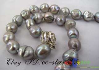 17 baroque 15mm gray freshwater pearl necklace 925silver clasp