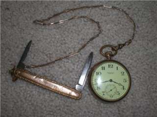   WALTHAM GOLD PLATED POCKET WATCH WITH FOB, TINY KNIFE AND CHAIN