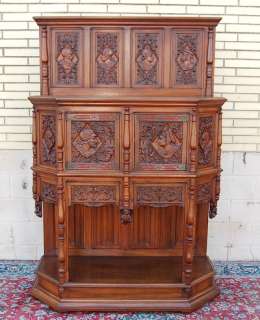 FRENCH CARVED ANTIQUE NEO GOTHIC WALNUT CREDENZA BAR  