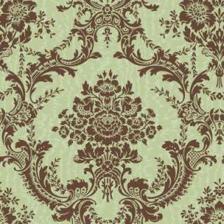   sq.ft. Brown and Green Mid Scale Damask on Moire Background Wallpaper