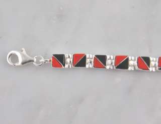 Sterling Silver Onyx & Coral Womens Link Inlay Bracelet  