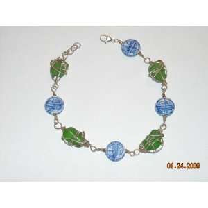 Wire Wrapped Sea Glass and Bead Bracelet 