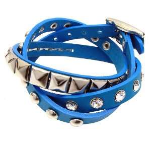    Blue 3 Effect Stud Italian Calf Leather Wrap Bracelet Jewelry