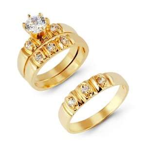  14k Solid Gold Round Solitaire CZ Wedding Ring Trio Set Jewelry