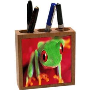  KnightTM Macro Frog on Red 5 Inch Tile Maple Finished Wooden Tile 