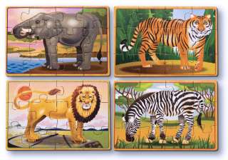 Set includes four wooden, 12 piece wild animal jigsaw puzzles   a 