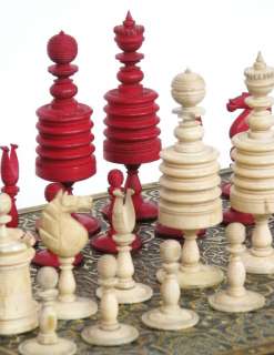 complete antique Victorian stained bone ornate chess set  