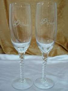 New Wedding Flutes Bride & Groom Glasses Linked Hearts  
