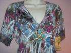 One World Top SOLO WATER BLUE Multi BABY DOLL Beaded SS Top ~ S nwt 