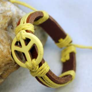 Yellow Turquoise Gem Peace Leather Hemp Cuff Bracelets  