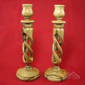 Pair of Hand Carved Bethlehem Holy Land Olive Wood Taper Candle 