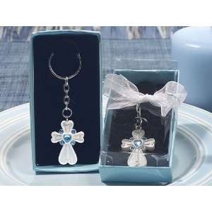    White Cross Keychain with Blue Crystals (Set of 32)