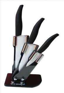 White Ceramic knives Set Black ABS handle in a Tri Fan shape 