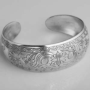 White Silver Plated Carved Flower Cuff Bracelet Bangle  