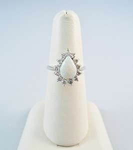 14K WHITE GOLD LADIES NATURAL PEAR SHAPED OPAL & DIAMOND RING  