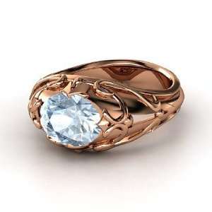    Hearts Crown Ring, Oval Aquamarine 14K Rose Gold Ring Jewelry