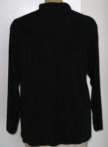 Susan Graver Luxe Knit Button Front Mandarin Collar Shirt BLACK LARGE 