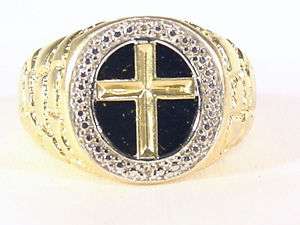   Diamond Black Onyx Cross Ring Nugget White gold Bezel 10K yellow Gold