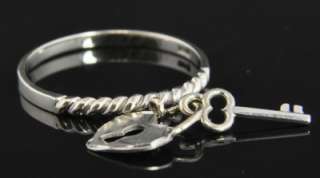 14K White Gold Heart Lock & Skeleton Key Charm Cable Rope Band Ring 6 