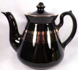   PHILADELPHIA BLACK w STANDARD GOLD TEAPOT TEA POT Hall Pottery EX