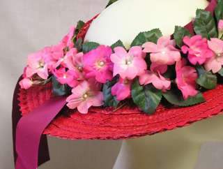   Vintage 1940s Ladies RED Straw Halo Hat w PINK Apple Blossoms  