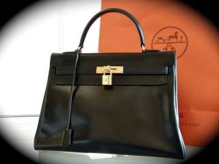 HERMES PARIS Kelly Bag Handbag 32 AUTHENTIC Black Box Leather vtg 