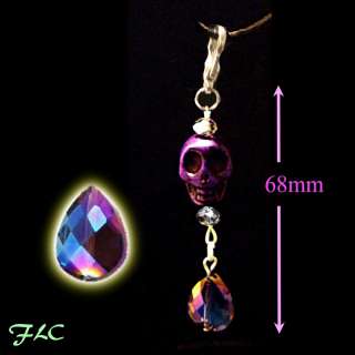 Clip on charm holder pendant Purple skull crystal drop Halloween 