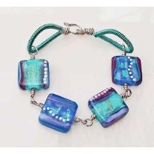 Hand crafted Dichroic Dreams Lampwork glass and coiled wire bracelet 