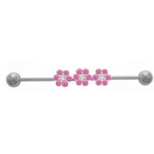   Movable Pink & Cz Flowers Industrial Barbell Earring 31mm Jewelry