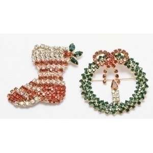   Holiday Stocking & Wreath Christmas Jewelry Pins 2.5