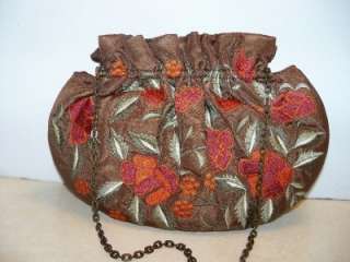 MOYNA Designer Silk Evening Hand Bag Purse Brown Embroidered Floral 