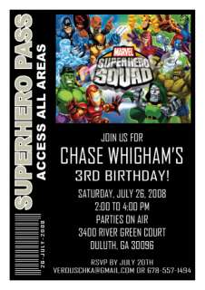 Set of 10 Superhero Squad Backstage Pass Invitations  