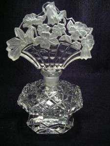   Cut Frosted Glass Crystal Perfume Bottle Flower Basket Dauber  