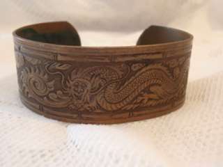 Vintage Copper Dragon Design Wide Cuff Bracelet  
